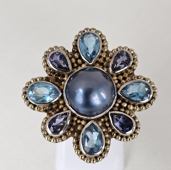 Exquisite Vintage Mabe Pearl, Swiss Topaz, Iolite Ring Sterling Silver Size 7! - Picture 6 of 8